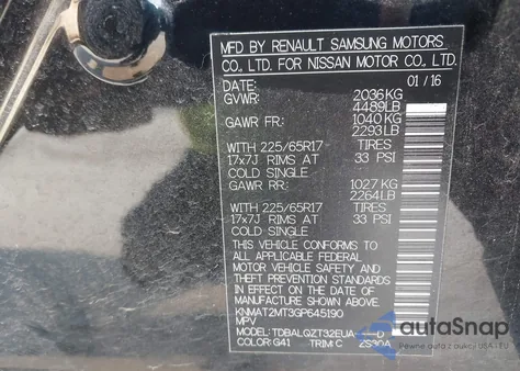 2016 Nissan Rogue Sv z USA, uszkodzony, nr VIN KNMAT2MT3GP645190